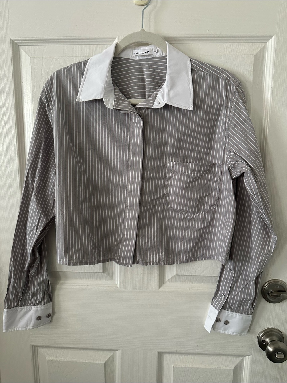 Good American Gray Stripe Button-Up Shirt with White Trim